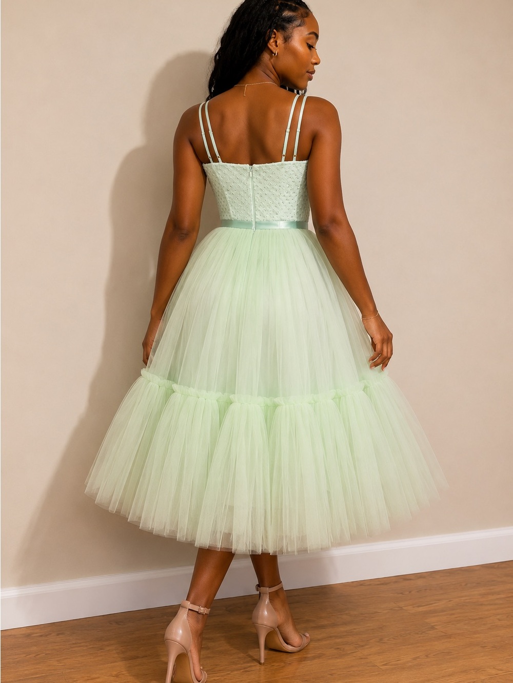 HANDMADE TIFFANYSLABEL GREEN DRESS EMBROIDERED TEXTURE TOP | TULLE | M(6-8) - Picture 3 of 10